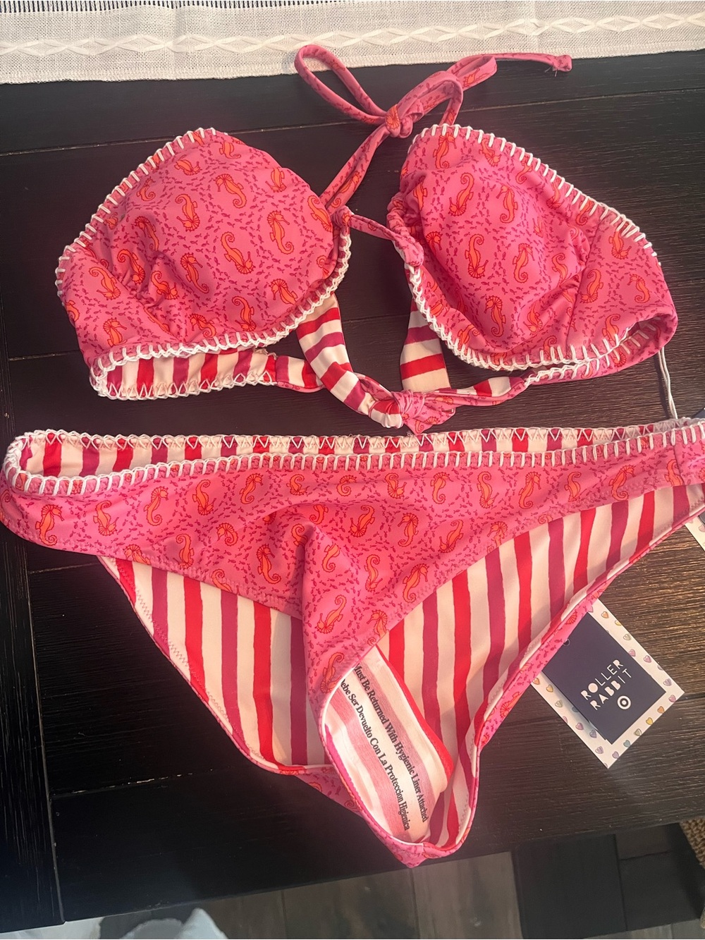 Roller Rabbit Pink Crochet Seahorse/Multi Stripe Reversible Bikini Set